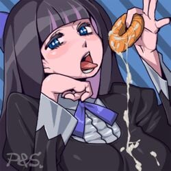 10s blue_eyes blush cum cum_on_clothes cum_on_food doughnut female food gokkun hand_on_own_chin hime_cut kuroshin multicolored_hair open_mouth panty_&_stocking_with_garterbelt saliva solo stocking_anarchy tongue two-tone_hair