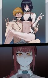 1boy 2girls angry big_penis bikini bite_mark blonde-haired_male blonde_hair blush breasts bulge chainsaw_man choker condom_wrapper cuckold cuckquean denji_(chainsaw_man) female femdom gag gagging green_eyes kiss_mark light-skinned_female light-skinned_male looking_at_phone looking_at_viewer makima_(chainsaw_man) male medium_breasts netorare peace_sign penis phone purple-haired_female purple_hair ratatatat74 red-haired_female red_hair reze_(chainsaw_man) spiky_hair submissive_male visible_bulge yellow_eyes