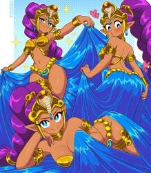 1girls absurdres armlet ass big_hair blue_eyes blush bracelet braid breasts cleavage dancer_shantae dark-skinned_female dark_skin earrings female gold_armlet gold_bracelet gold_choker headpiece highres jewelry long_hair lying multiple_views navel nico-neko nicolasgravelqc on_side pointy_ears ponytail purple_hair revealing_clothes satin_clothes shantae shantae_(character) shantae_and_the_pirate's_curse showing_off simple_background single_braid smile very_long_hair wayforward