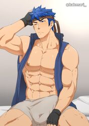 abs blue_hair bulge fire_emblem fire_emblem:_path_of_radiance fire_emblem:_radiant_dawn gloves ike_(fire_emblem) kakenari male_focus male_only shorts