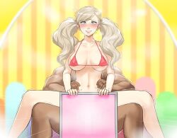 1boy akisora ann_takamaki bikini blonde_hair blue_eyes blush breasts cowgirl_position dark-skinned_male dark_skin earrings female grin hair_ornament hairclip highres implied_sex interracial jewelry large_breasts long_hair looking_at_viewer male micro_bikini muscular muscular_male navel persona persona_5 red_bikini reverse_upright_straddle sitting smile spread_legs steaming_body stomach straight stud_earrings sweat swimsuit trembling twintails