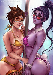 2girls adjusting_eyewear adjusting_glasses bikini bikini_bottom bikini_top brown_hair bunny_tail female female_only fishnet_stockings kachima looking_over_eyewear looking_over_glasses orange-tinted_eyewear overwatch pole purple_hair purple_skin red-tinted_eyewear short_hair smile stripper stripper_pole sunglasses thong tinted_eyewear tracer widowmaker yuri