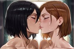 2girls after_kiss ai_generated animated attack_on_titan black_eyes black_hair blush brown_eyes brown_hair collarbone completely_nude crossover curtains dandanhub eye_contact french_kiss hair_between_eyes half-closed_eyes indoors jujutsu_kaisen kissing kugisaki_nobara looking_at_another medium_hair mikasa_ackerman mp4 multiple_girls nobara_kugisaki nude open_mouth saliva saliva_drip saliva_trail shingeki_no_kyojin short_hair sweat tagme teeth tongue tongue_out upper_teeth_only video window yuri