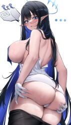 1girls artist_request ass_grab back_view big_ass big_breasts blue_archive blush breasts elf_female female female_only gaining_weight general_student_council_(blue_archive) glasses gloves halo hands_on_ass long_hair panties pointy_ears rin_(blue_archive) scale stockings taking_clothes_off