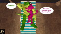 3d 3d_(artwork) 5_toes absurd_res aldenyates animal_humanoid anthro barefoot chameleon crocodile crocodilian cuddling digit_ring espio_the_chameleon feet flaccid genitals hi_res humanoid humanoid_feet humanoid_genitalia humanoid_penis jewelry jewelry_only lizard male male/male penis plantigrade poolside public public_exposure public_nudity reptile ring scalie sega sleeping sleeping_together sonic_(series) sonic_the_hedgehog_(series) sunbathing toe_ring toes vector_the_crocodile
