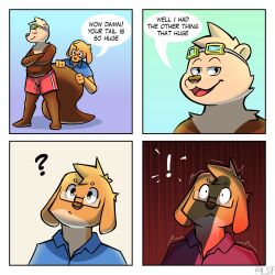 2024 alsif_santoso alsif_santoso_(character) anthro big_penis big_tail brown_body brown_fur canid canine canis clothing collared_shirt comic dialogue digital_drawing_(artwork) digital_media_(artwork) domestic_dog duo english_description english_text ensu exclamation_point eyewear eyewear_on_head fur genitals glasses goggles goggles_on_head hi_res looking_up_at_partner looking_up_at_penis male male/male mammal mustelid orange_body orange_fur otter penis penis_shadow rectangular_glasses sea_otter shirt speech_bubble swimming_trunks swimwear tail tail_grab tan_body tan_fur text topwear wearing_glasses