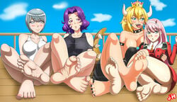 2018 4girls barefoot big_breasts black_toenails blue_eyes blush bowsette breast_grab crossed_feet crossed_legs crossover crown darling_in_the_franxx feet feet_together feet_up female female_only foot_fetish foot_focus genderswap grand_blue grey_eyes grey_hair hamaoka_azusa huge_breasts jh karakuri_circus kazutheking large_breasts legs legs_up looking_at_another looking_at_viewer mario_(series) multiple_girls naughty_face new_super_mario_bros._u_deluxe nintendo open_mouth pink_hair pink_toenails pov pov_feet purple_eyes purple_hair shirogane_(karakuri_circus) smile soles stirrups toenail_polish toenails toes tongue tongue_out yellow_hair zero_two_(darling_in_the_franxx)