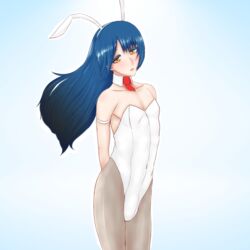 1boy androgynous blue_hair bulge bunny_ears bunnysuit bunnysuit_bulge choker crossdressing eyeshadow femboy girly long_hair makeup masuto solo trap