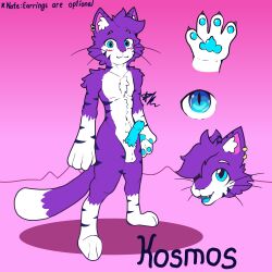 anthro blue_eyes cat_tail ear_piercing felid feline fur genitals hi_res humanoid_genitalia humanoid_penis k0sm00s k0sm00s_(character) male mammal multicolored_body multicolored_fur penis piercing purple_body purple_fur reference_image solo stripes vein veiny_penis whiskers