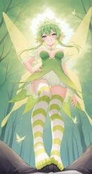 ai_generated breasts dress elf_ears erection_under_clothes fairy female foot_fetish footjob footjob_over_clothes footjob_with_legwear green_hair long_hair medium_breasts nature socks stockings striped_legwear thighhighs thighs trees wings