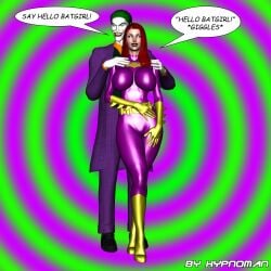 1boy 1girls 3d 3d_(artwork) 3d_model 3d_render artist_name barbara_gordon batgirl batgirl_(barbara_gordon) batman_(series) black_lipstick blank_expression blank_eyes blank_stare bodysuit boots brain_drain costume dc dc_comics dialogue english english_text female gloves green_hair hero heroine heroine_in_trouble hypnosis joker male mind_control no_irises no_pupils red_hair red_lipstick smiling speech_bubble spiral_background text the-hypnoman the_joker toned toned_female villain white_face wide_hips