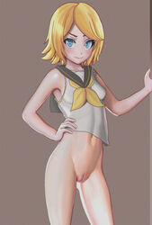 armad belt black_sailor_collar blonde_hair blue_eyes blush bottomless breasts brown_background collarbone cowboy_shot female female hand_on_hip hand_up highres kagamine_rin looking_at_viewer midriff navel neckerchief pussy sailor_collar shiny shiny_skin shirt short_hair simple_background sleeveless sleeveless_shirt small_breasts smile solo standing third-party_edit vocaloid white_shirt yellow_neckwear