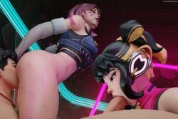 1boy 2girls 3d 3d_(artwork) 999wwwwwww antifragile_dazzle asian_male big_penis blender blizzard_entertainment blowjob bottomless closed_eyes cunnilingus d.va eating_ass eating_pussy fearless_juno fellatio female_on_top highres juno_(overwatch) le_sserafim nude nude_male overwatch partially_clothed penetration straight threesome wuyang