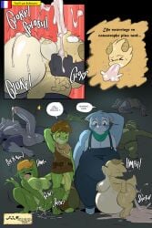 absurd_res angry anthro anthro_only areolae big_breasts big_butt big_penis blue_fur breasts brown_hair bulge bulletvore(translation) cat_ears cavern colored comic cum cum_gushing cumflation dim_lighting disclaimer embarassed end_page erection fainted female french_text furry_male goblin goblin_male green_body hammer horny imminent_rape jack_(joaoppereiraus) joaoppereiraus lighter_belly lira_(joaoppereiraus) lizard looking_up male masturbating moaning naked onomatopoeia orange_hair panicking penis pogo_(joaoppereiraus) pussy pussy_juice scalie scalie_female scalie_male sex sweat tail text text_bubble tiki_(joaoppereiraus) translated
