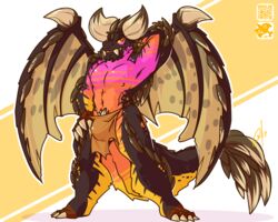 abs anthro balls biceps big_horns black_scales bulge claws clothing dragon flexing hand_behind_head hand_on_hip lilchu loincloth looking_at_viewer male male_only markings monster_hunter_world mostly_nude muscular muscular_male nergigante orange_scales pecs pose purple_scales scales simple_background smile solo standing wings