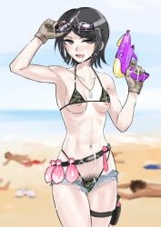akisora akizora areola_slip arm_up beach belt bikini black_hair blurry blurry_background breasts brown_gloves bukkake camouflage camouflage_bikini commentary condom condom_belt cum cum_in_mouth cum_on_body cum_on_breasts cum_on_clothes cum_on_tongue danganronpa danganronpa:_trigger_happy_havoc danganronpa_(series) day facial female female_pubic_hair gloves gun hand_up highres holding holding_water_gun holster ikusaba_mukuro jewelry looking_at_viewer lying micro_shorts mukuro_ikusaba multiple_condoms navel_piercing necklace ocean on_back on_stomach open_mouth outdoors people piercing pubic_hair short_hair shorts solo_focus swimsuit thigh_holster tongue tongue_out used_condom water_gun weapon