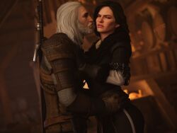 1boy 1boy1girl 1girls 3d 3d_(artwork) angry_face blender blender_(software) canon_couple clothed female geralt_of_rivia gloves highres large_filesize male no_sex qyti rejection the_witcher_(series) upset yennefer