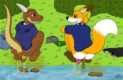 anthro bottomless canid canine clothed clothing doggettdouglasmcdog dragon duo feces forest fox grin male mammal peeing penis rebel scat scat smile tree urine watersports