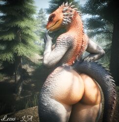 ai ai_art ai_generated antrhopomorphic antropomorph big_ass big_thighs completely_naked completely_nude female forest forest_background high_quality high_resolution highres lezus-ia lizard lizard_girl lizard_humanoid lizard_tail nude nude_anthro nude_female orange_skin reptile reptile_girl reptile_humanoid spines thick_ass thick_thighs voluptuous voluptuous_anthro