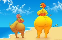 2019 absurd_res anthro ass beach bikini breasts camp_lazlo cartoon_network cleavage clothed clothing cloud dunennite duo female fur giraffe giraffid hair hat herpestid hi_res huge_breasts hyper hyper_butt looking_at_viewer mammal mongoose nina_neckerly parasol patsy_smiles pink_hair red_hair sand sea seaside skullman777 swimsuit thick_thighs water wide_hips