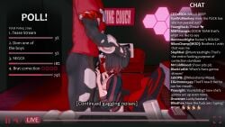 1boy 1girls blowjob clothed_female deep_blowjob deepthroat female grimm_(rwby) grimmed half-dressed half_naked half_naked_male hands_on_head indrick_[artist] livestream male no_pants ruby_rose rwby stream_chat streaming streaming_setup