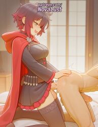1boy 1futa 2025 ai_generated anal artist_name balls blurry blurry_background blush cape cock corset cum cum_in_ass cum_while_penetrated dick erection futa_on_male futanari gradient_hair hi_res high_quality high_resolution highres hood intersex male motion_blur multicolored_hair novalust open_mouth otoko_no_ko patreon patreon_username penis red_hair ruby_rose rwby short_hair stable_diffusion testicles thighhighs watermark