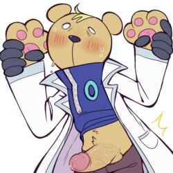 2018 alpha_channel anthro balls blush clothed clothing erection faggotrat humanoid_penis lab_coat male male_focus male_only penis precum puyo_puyo puyo_puyo_7 risukuma simple_background solo surprise sweat transparent_background vein veiny_penis video_games wrist_grab