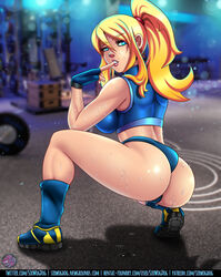 absurdres ass big_breasts blonde_hair breasts cleavage dat_ass eyebrows_visible_through_hair female female_only highres large_breasts looking_back metroid nintendo ponytail samus_aran sidelocks sirwogdog solo sweat