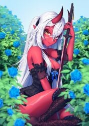 akumi bangs bare_shoulders black_legwear blue_flower blue_rose blurry blurry_foreground blush breasts cleavage closed_mouth dark_skin depth_of_field elbow_gloves female fingernails flower gloves hair_between_eyes horns hydrangea lingerie long_hair looking_at_viewer oni_horns red_skin rose smile solo tattoo thighhighs underwear virtual_youtuber vyugen white_hair