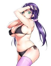 10s 1girls armpits arms_up bikini black_bikini blush breasts chubby chubby_female female_focus green_eyes large_breasts long_hair looking_at_viewer love_live! love_live!_school_idol_project onsoku_inu open_mouth plump purple_hair purple_legwear scrunchie side-tie_bikini_bottom simple_background skindentation solo strap_gap swimsuit tareme toujou_nozomi twintails
