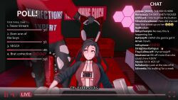 1boy 1girls black_hair black_hair_female blowjob clothed_female female flaccid grimm_(rwby) grimmed half-dressed half_naked half_naked_male headset indrick_[artist] livestream male no_pants red_highlights ruby_rose rwby stream_chat streaming streaming_setup