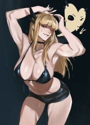 abs armpits biting_lip blonde_hair blue_eyes bra buff exposed_armpits female_torso large_breasts large_thighs magik_(illyana_rasputin) marvel marvel_comics marvel_rivals short_shorts shorts sweat sweatdrop sweating taiyang_yu toned toned_female