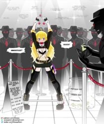 1girls ball_gag blonde_hair bondage chained clothed femsub gag gagged garter_straps multiple_boys predicament_bondage price pricelist purple_eyes rwby tagme wossarem yang_xiao_long