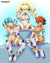 3girls android atlas_(megaman) bell big_breasts bikini blonde_hair breasts brown_hair clothing cow_print cowbell curvy dark-skinned_female dark_skin elbow_gloves female female_only gloves ichduhernz long_hair luna_platz mega_man mega_man_star_force mega_man_zx milk multiple_girls orange_hair pandora_(mega_man) red_eyes reploid robot robot_girl sitting thick_thighs thighhighs tumother two_tone_hair wide_hips