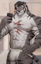 2023 5_fingers anthro biped bulge cellphone chest_scar claws clothed clothing colored detailed_bulge electronics felid fingers hi_res holding_cellphone holding_object holding_phone holding_smartphone humanoid_hands jockstrap jockstrap_only looking_at_viewer male mammal meetupman1 muscular muscular_anthro muscular_male pantherine phone scar sdorica selfie signature smartphone tail tiger topless underwear underwear_only yao_(sdorica)