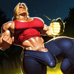 1boy abs_focus ai_generated big_biceps big_bulge large_pectorals male penis penis_peek percum red_shirt sweatpants t_shirt