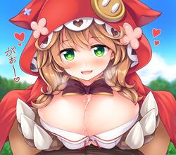 blurry blurry_background blush braid breasts brown_hair buttons cleavage cloak commentary_request cum cum_on_body cum_on_breasts cum_on_upper_body female flower green_eyes heart hood hooded_cloak large_breasts looking_at_viewer medium_hair nijisanji open_mouth paizuri ribbon solo_focus uni8 virtual_youtuber warabeda_meiji warabeda_meijii wolf_paws