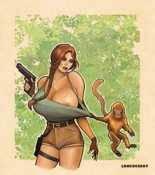2d areolae areolae_slip assisted_exposure female female_focus lara_croft lara_croft_(classic) lonedesert monkey nipple_slip nipples shirt_pull tagme tomb_raider tomb_raider_(classic) tugging