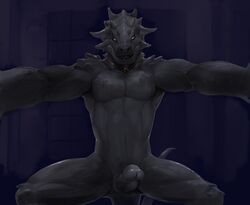 anthro bedroom_eyes biceps black_penis black_scales bottom_view domination dragon empty_eyes erection grin half-closed_eyes hi_res horn imminent_rape jewelry looking_at_viewer male male_only muscular muscular_male necklace open_mouth pecs penis pinned scales seductive smile solo spines vu06 white_eyes