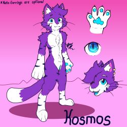 anthro blue_eyes cat_tail cuntboy domestic_cat ear_piercing felid feline felis fur genitals gradient_background hi_res humanoid_genitalia humanoid_vulva intersex k0sm00s k0sm00s_(character) mammal multicolored_body multicolored_fur piercing purple_body purple_fur pussy reference_image simple_background solo solo_focus stripes vulva whiskers