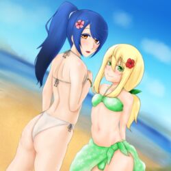 2boys beach bikini blonde_hair blue_hair bulge crossdressing femboy from_behind green_eyes looking_at_viewer looking_back makeup masuto pareo sissy trap