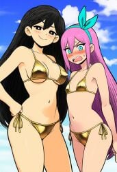 2girls ai_generated aubrey_(faraway)_(omori) aubrey_(omori) aubrey_faraway_(omori) bikini black_eyes black_hair cute cyan_eyes female female_only golden_bikini mari_(faraway)_(omori) mari_(omori) omori pink_hair swimsuit tagme