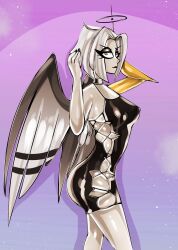 1_arm 4_fingers amazon_prime angel angel_wings ass big_ass big_breasts bitterbunz black_dress black_halo black_lips black_nails breasts cartoon choker exorcist_(hazbin_hotel) female female_only hazbin_hotel hazbin_hotel_(season_2) lute_(hazbin_hotel) mechanical_arm missing_arm prosthetic_arm robotic_arm short_hair skinny vivienne_medrano vivziepop white_body white_hair white_skin wings yellow_eyes