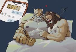 angry anthro big_muscles big_pecs black_stripes cellphone claws closed_eyes cuddling duo electronics english_text felid finger_claws fur genitals heart_symbol hi_res k0bit0wani kemono lion male male/male mammal mane muscles muscular muscular_anthro muscular_male nipples pantherine pecs penis penis_base phone pink_nose stripes text texting tiger under_covers yellow_body yellow_fur