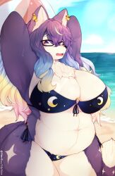 1girls 2023 anthro arms_behind_back ball beach beach_ball belly big_breasts bikini blush bodily_fluids breasts canid canine canis clothed clothing cloud dated digital_media_(artwork) domestic_dog ear_piercing ear_ring eyewear female female_only first_porn_of_character fur furry glasses hair hecate_(tas) inflatable kemono l3landbunny lifewonders looking_at_viewer mammal multicolored_body multicolored_fur multicolored_hair outside piercing portrait ring_piercing sand seaside simple_background sky solo sweat swimwear tail thick_thighs three-quarter_portrait tokyo_afterschool_summoners two-piece_swimsuit two_tone_body two_tone_fur very_high_resolution water white_body white_fur