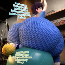 1boy 1femboy between_buttocks between_cheeks big_ass big_butt bubble_butt crop_top gym gym_ball hojo_(meowdazeus) huge_ass huge_butt looking_at_viewer looking_back looking_back_at_viewer male meowdazeus shirou_(meowdazeus) sitting text tights under_ass