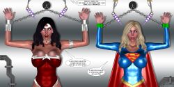 2girls 3d 3d_(artwork) 3d_model 3d_render alien alien_girl alien_humanoid armpits arms_bound arms_up artist_name blank_expression blank_eyes blank_stare blonde_hair bound bracelet breasts cape chained chained_up chained_wrists choker cleavage costume dialogue english english_text female female_only heroine heroine_in_trouble hypnosis kryptonian kryptonite large_breasts leotard lipstick makeup mascara master mind_control nipple_bulge nipples no_irises no_pupils pink_lipstick red_lipstick skirt speech_bubble spiral spiral_background supergirl superman_(series) text the-hypnoman thought_bubble toned toned_body toned_female toned_stomach unseen_character