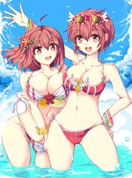 2girls :d bare_shoulders beach bikini blue_sky blush breast_hold breasts brown_hair cameltoe cleavage curvaceous echizen_(hvcv) eyewear_on_head female fire_emblem fire_emblem_if flower groin hair_flower hair_ornament high_resolution hinoka_(fire_emblem) jewelry large_breasts medium_breasts midriff multiple_girls navel nintendo ocean open_mouth pink_eyes pink_hair pose red_bikini red_hair ring sakura_(fire_emblem) short_hair siblings side-tie_bikini sisters sky smile spread_legs sunglasses sunglasses_on_head swimsuit undressing untied untied_bikini wardrobe_malfunction wristband