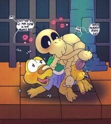 2boys all_fours anal argon_vile backsack balls ballsack bandage bandage_on_face bandage_on_nose blush bone bottomless bottomless_male clothed clothing dry_bones dull_bones duo english_text erection furry furry_male gay gay_sex genitals hi_res hoodie koopa koops male male/male male_penetrated male_penetrating male_penetrating_male mario_(series) nintendo paper_mario paper_mario:_the_thousand_year_door penetration penis reptile scalie sex skeleton text topwear