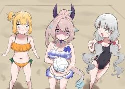 3girls ahoge alternate_costume alternate_hairstyle artist_request beach bikini blonde_hair enna_alouette female gray_hair hair_ornament long_hair millie_parfait nervous nijisanji nijisanji_en reimu_endou short_hair source_request sweat sweatdrop swimsuit virtual_youtuber volleyball